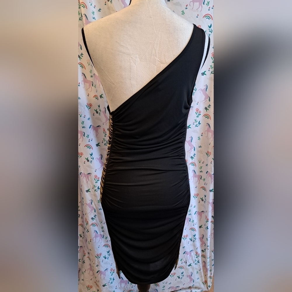 NWT Iron Boutique Black LBD Bodycon Moto Goth Asymetric Chain Dress SZ XS/S - Picture 3 of 6